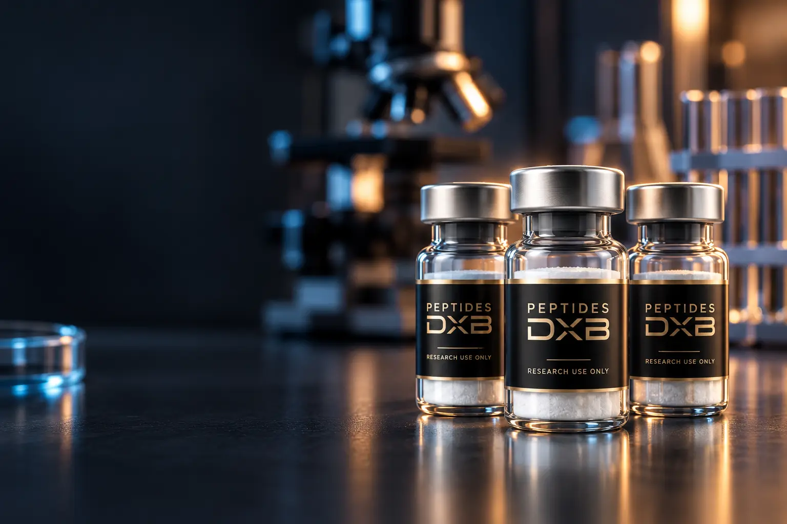 Three PEPTIDES DXB research vials with gold-on-black labels on a dark laboratory bench
